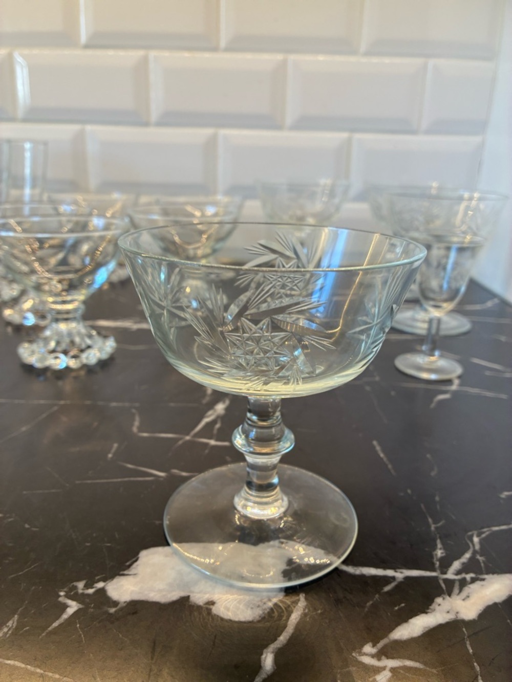 Vintage Pinwheel Coupe Glasses – Set of 4 Cut Glass Style